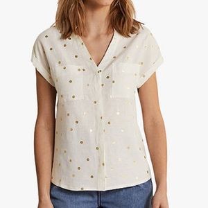 Boden Evie Foil Polka Dot Linen Top, Ivory and gold
